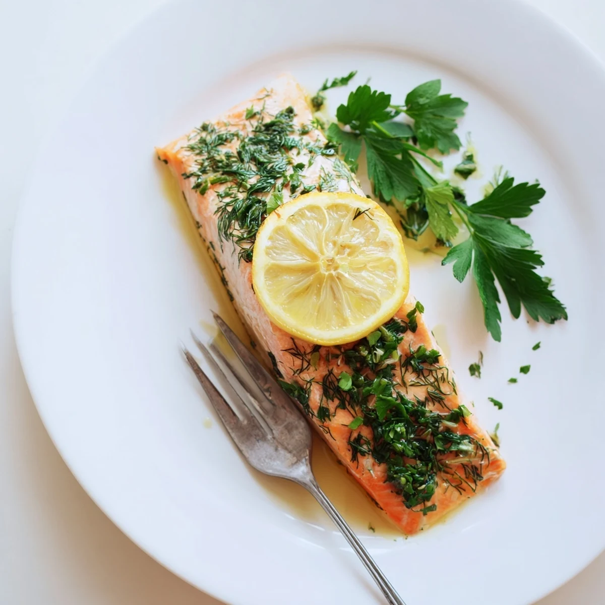 Golden baked salmon fillets with fresh lemon slices and herbs on a white plate, ready for dinner.