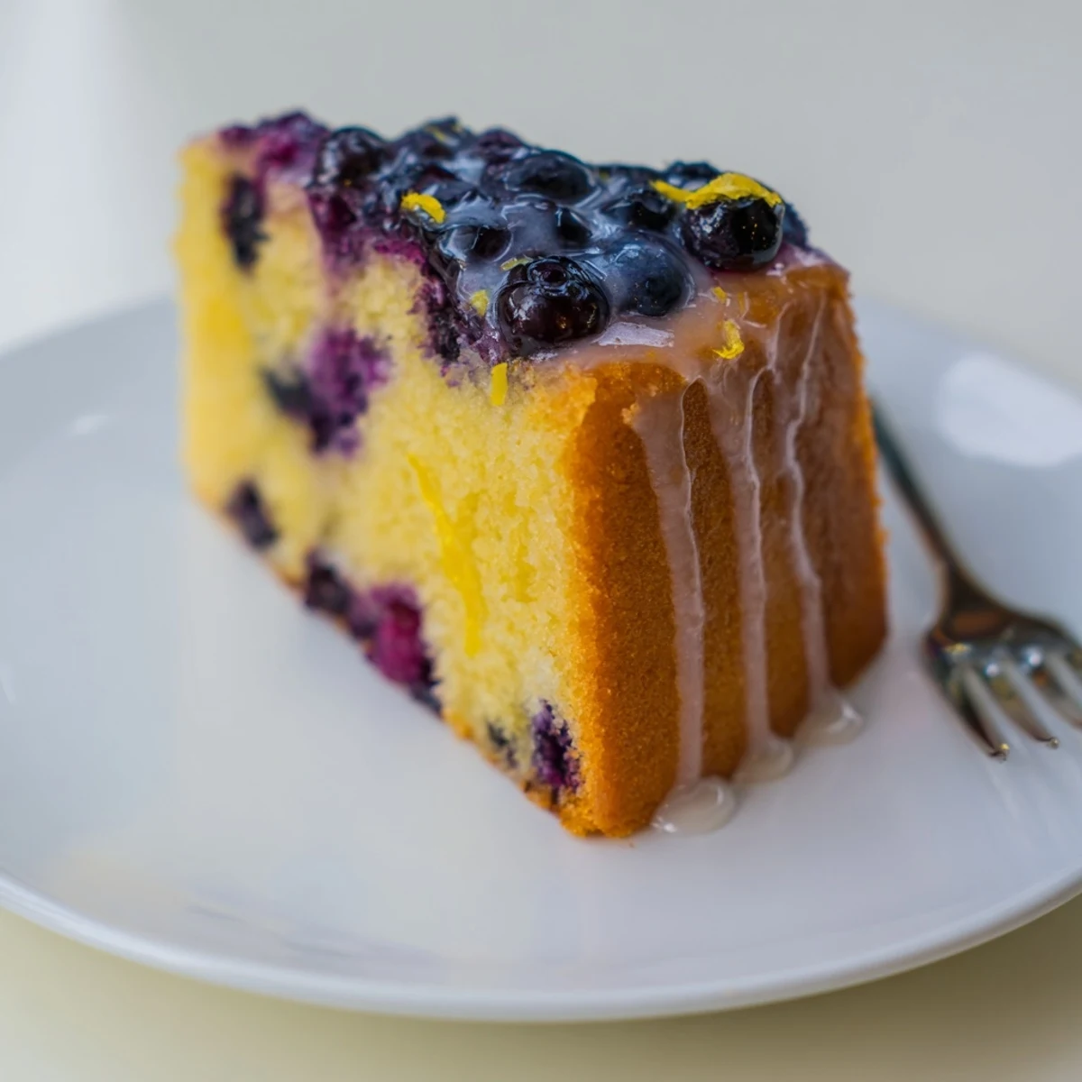 Freshly baked lemon blueberry cake with zesty glaze dripping down the sides, paired with a cup of tea for serving.