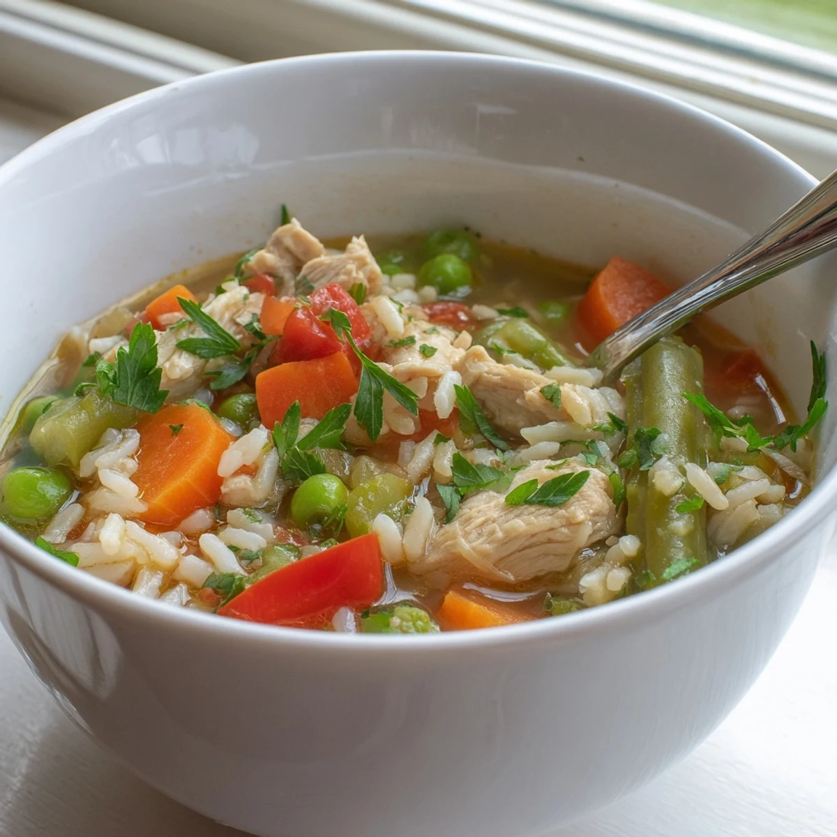 A close-up of chicken vegetable soup with rice in a white bowl, steam rising from the colorful broth and tender chicken pieces.  
