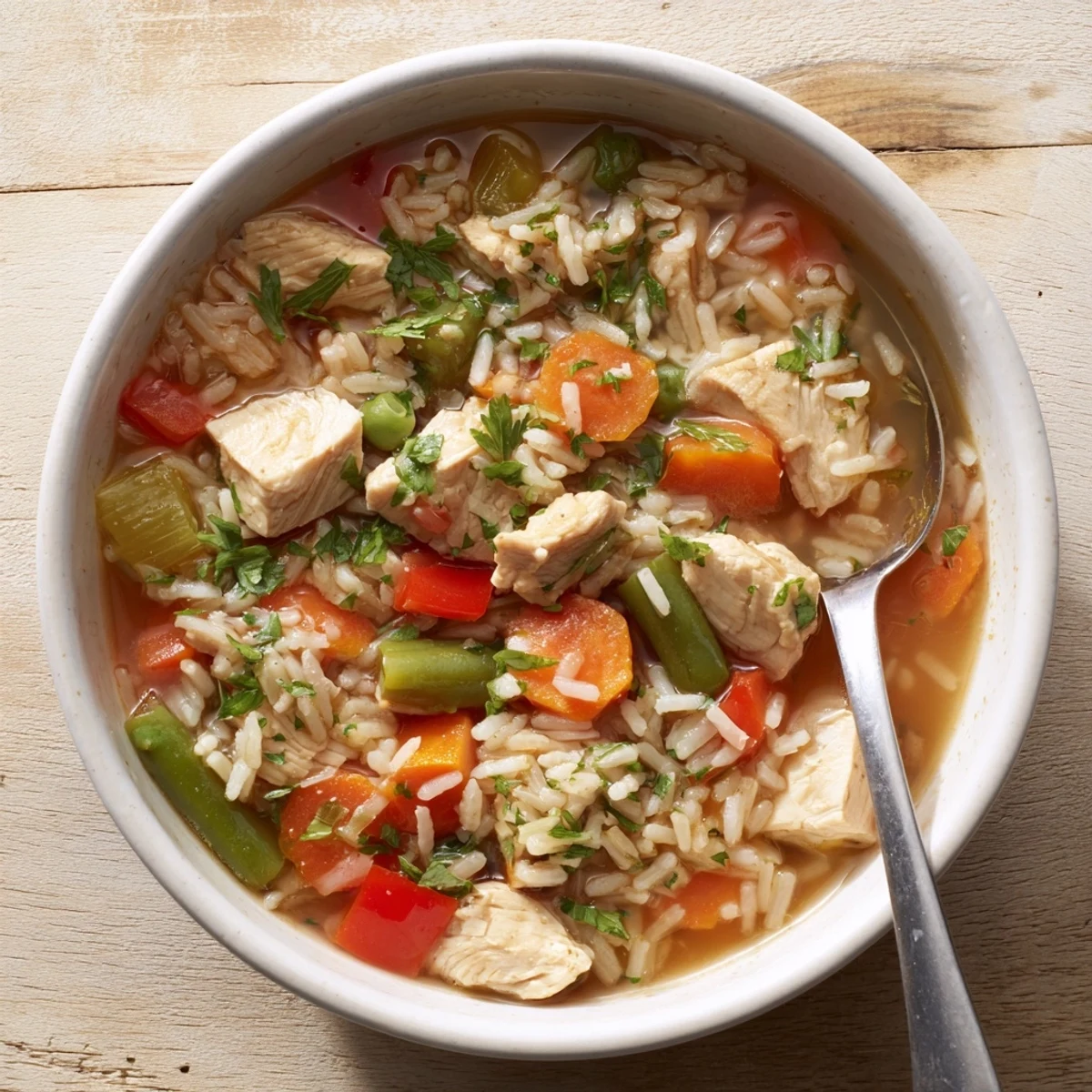 Serving suggestion of hearty chicken vegetable soup with rice, garnished with fresh parsley and a slice of crusty bread on the side.  