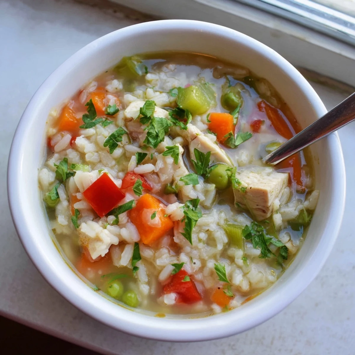 Overhead view of a large pot of homemade chicken vegetable soup with rice, brimming with carrots, celery, peas, and bell peppers.