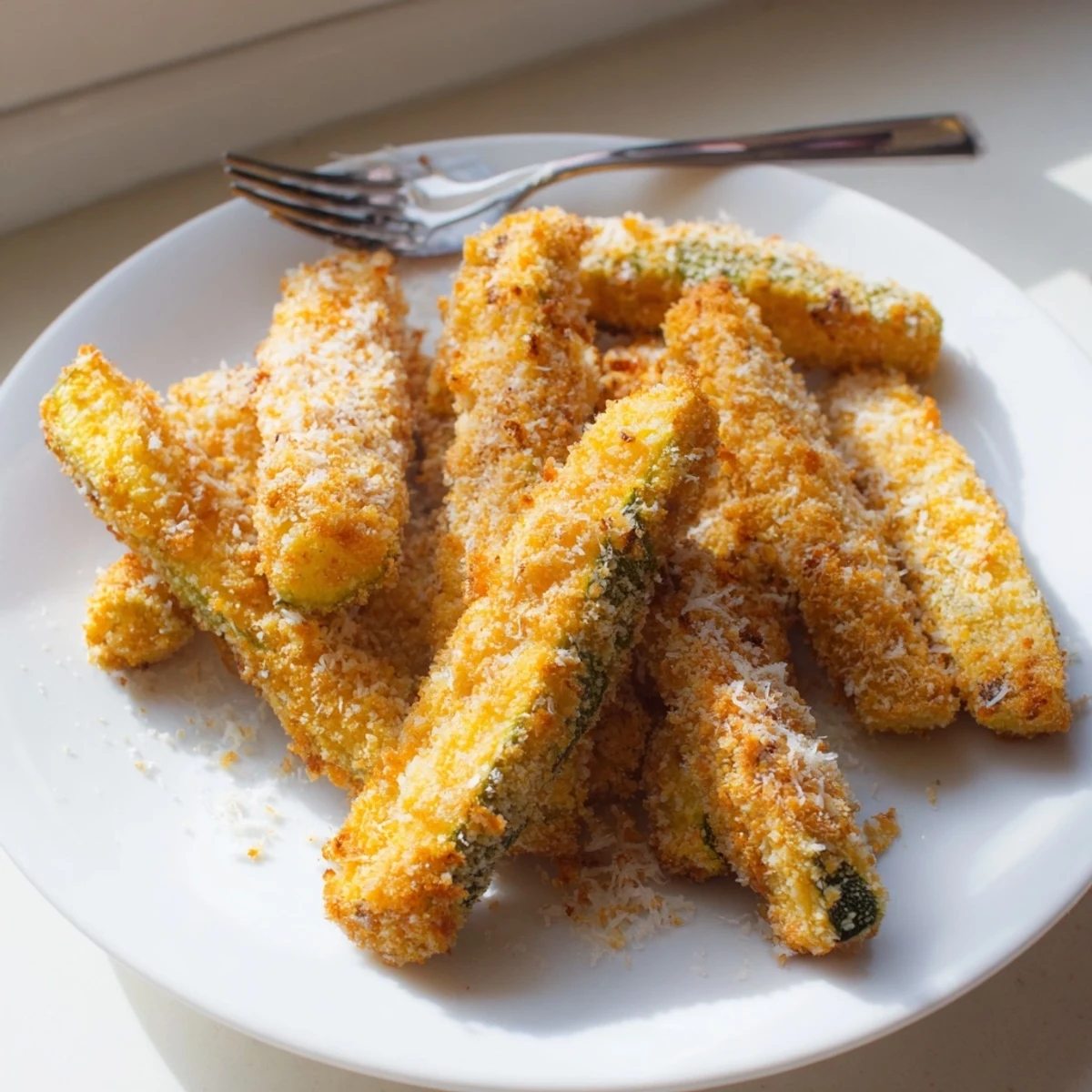 Crispy Zucchini Fries with golden panko crumbs and Parmesan, baked until crunchy on a baking sheet.