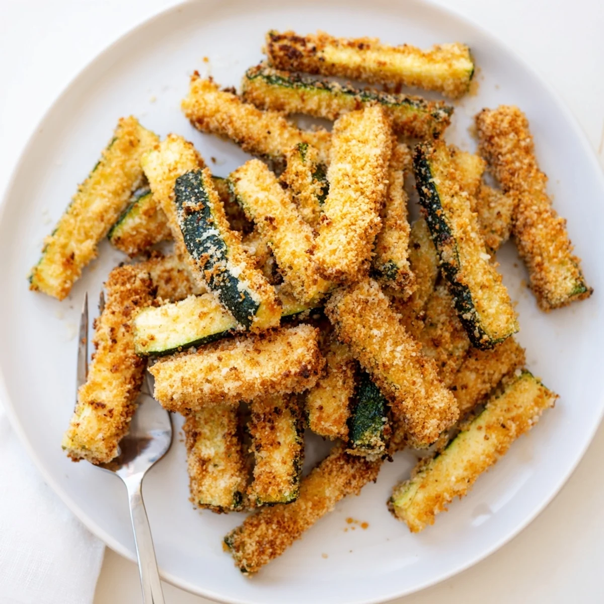 A platter of Crispy Zucchini Fries, paired with marinara dip and fresh parsley for snacking.