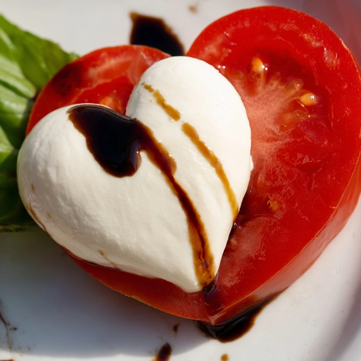 A close-up view of the Valentine Heart Caprese Salad, showing juicy red tomatoes and creamy mozzarella hearts with olive oil glistening in the light.