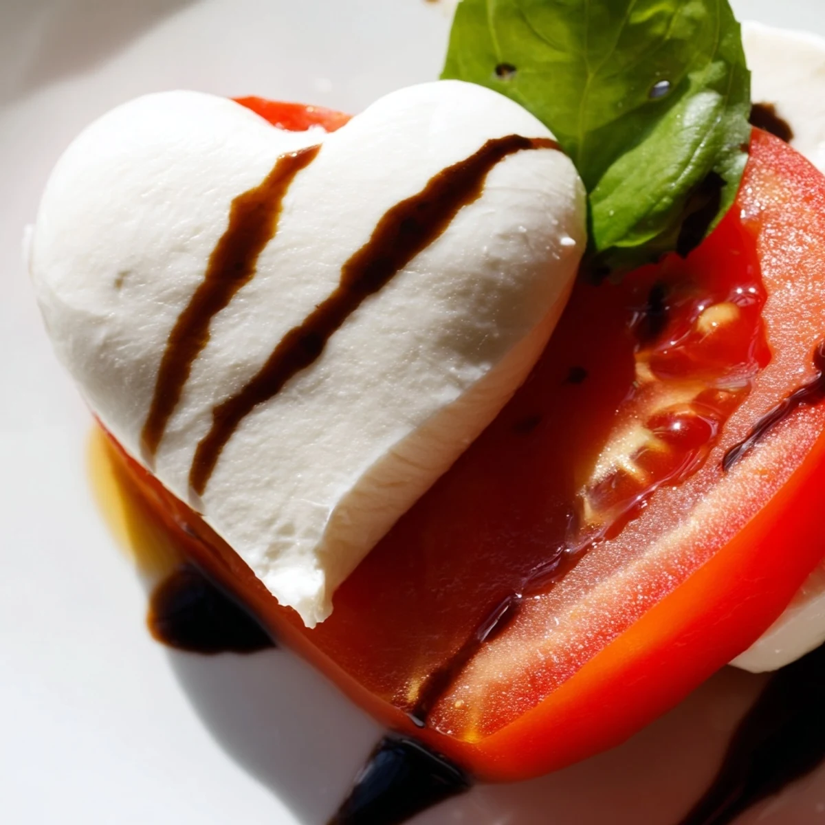 Fresh heart-shaped mozzarella and ripe tomato slices arranged neatly on a white plate, drizzled with glossy balsamic glaze and topped with bright basil leaves.