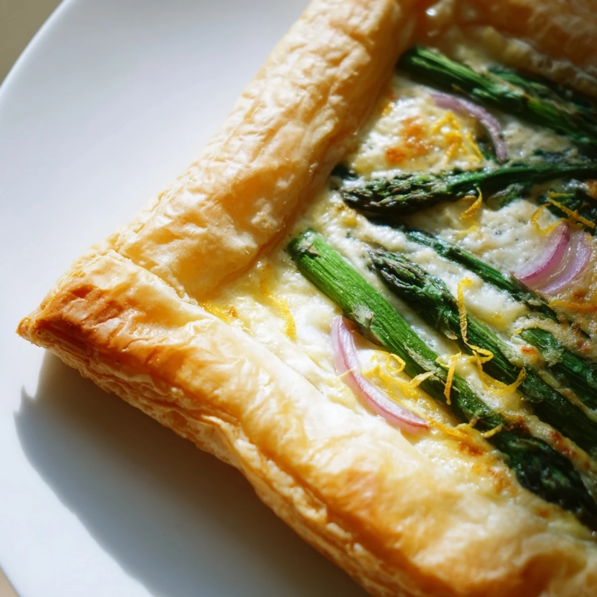 A close-up of a Green Asparagus Puff Pastry Tart, featuring golden, flaky pastry topped with vibrant green spears and melted cheese, baked to perfection.