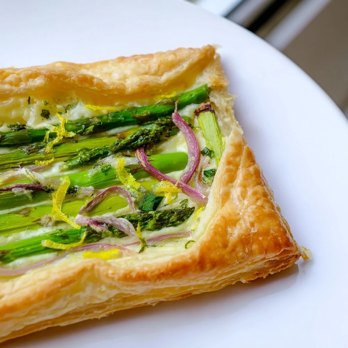 Freshly baked Green Asparagus Puff Pastry Tart on a rustic wooden board, ready to be served as a savory brunch or light dinner.