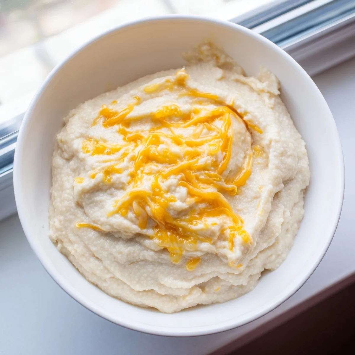 Freshly prepared Southern Cheesy Grits, rich with melted cheddar, served warm beside crispy bacon strips for a classic Southern breakfast.