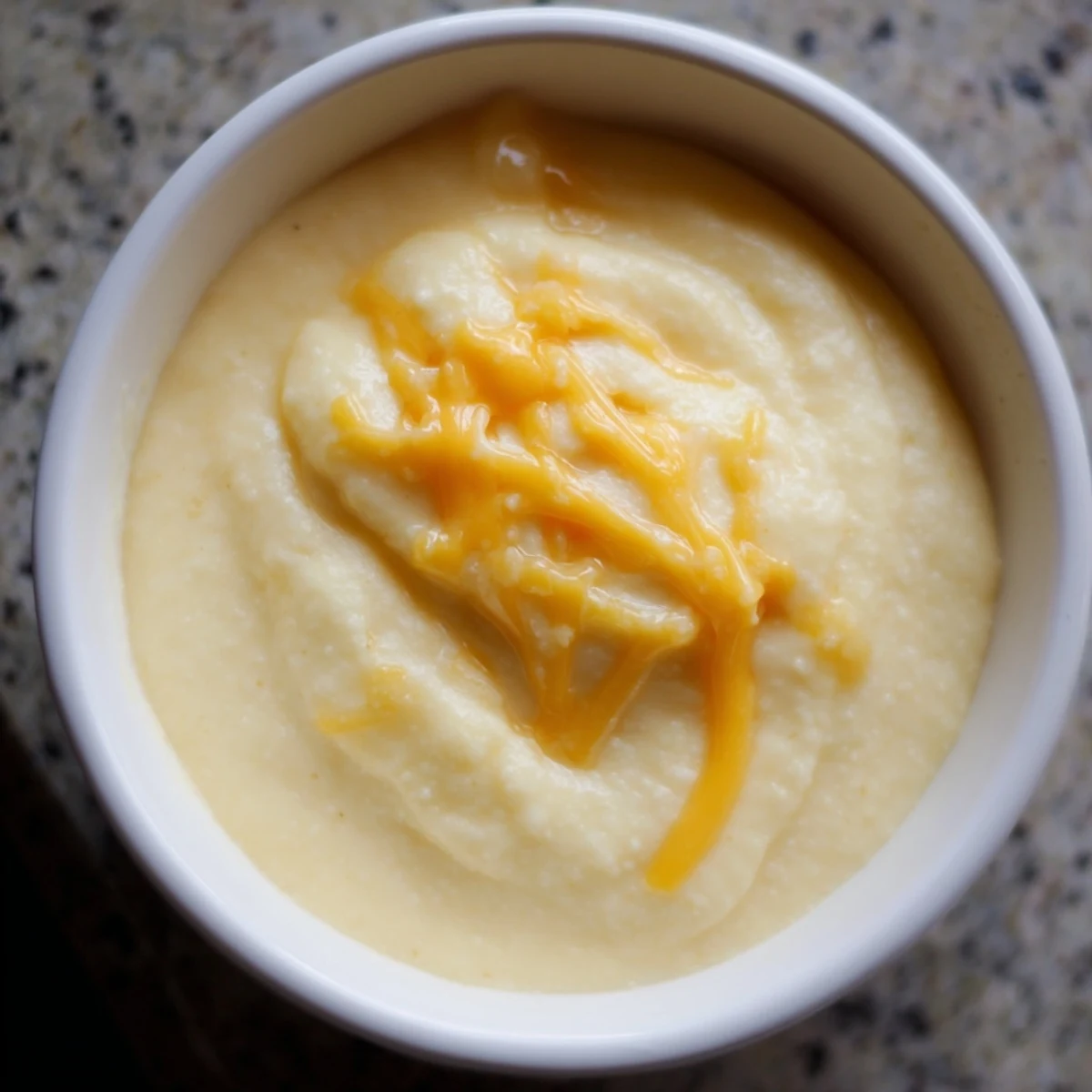 A comforting spoonful of Southern Cheesy Grits, showcasing the smooth, velvety texture and deep golden hue of the slow-cooked cheese blend.