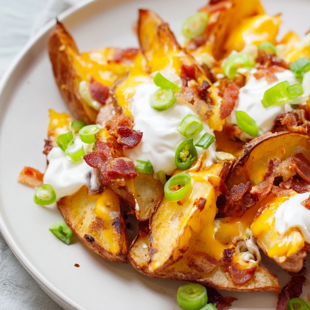 A close-up of Game Day Loaded Potato Wedges with sour cream dollops and sliced jalapeños on a platter.
