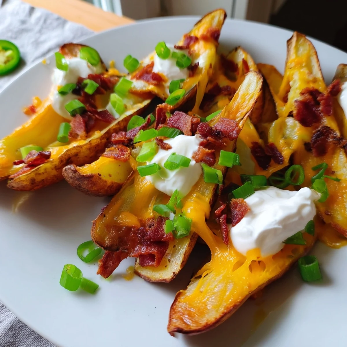 Golden-brown Game Day Loaded Potato Wedges topped with melted cheddar, crumbled bacon, and fresh green onions.