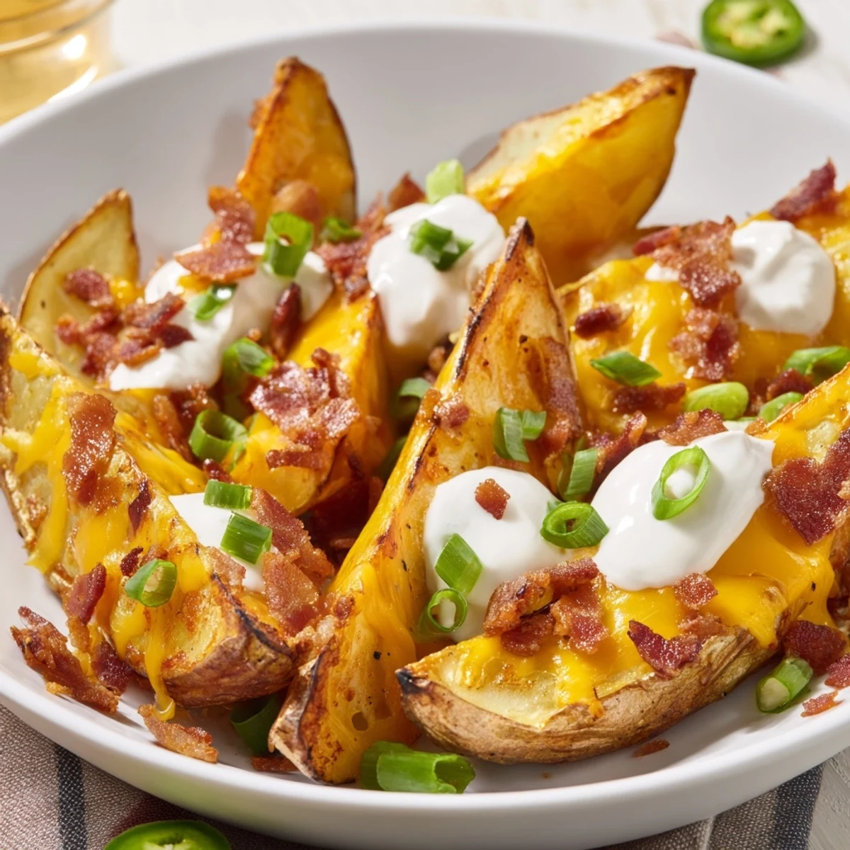 Game Day Loaded Potato Wedges served hot with smoky paprika seasoning and fresh chives for a party snack.