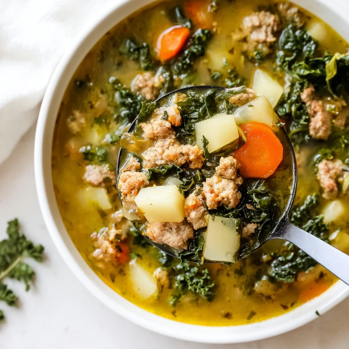 A hearty ladle of turkey sausage and kale soup with potatoes, showcasing tender chunks and vibrant greens in a savory golden broth.
