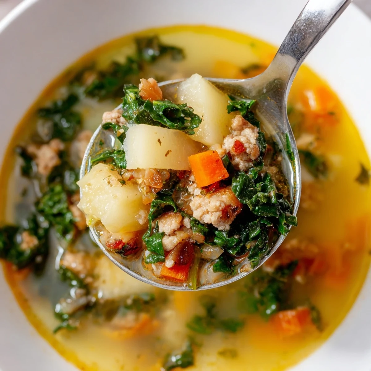 Close-up of turkey sausage and kale soup with potatoes, with carrots and celery visible in the rich, flavorful broth ready to serve.
