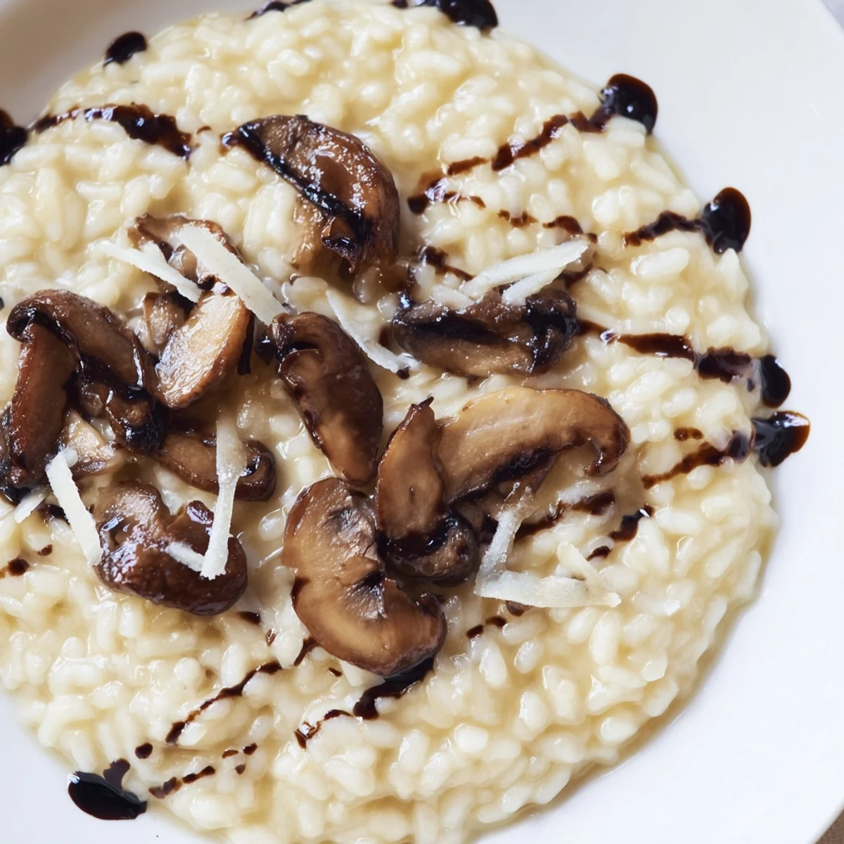 An elegant plate of Creamy Mushroom Risotto with Truffle Oil, featuring golden sautéed mushrooms and a delicate drizzle of fragrant truffle oil.  