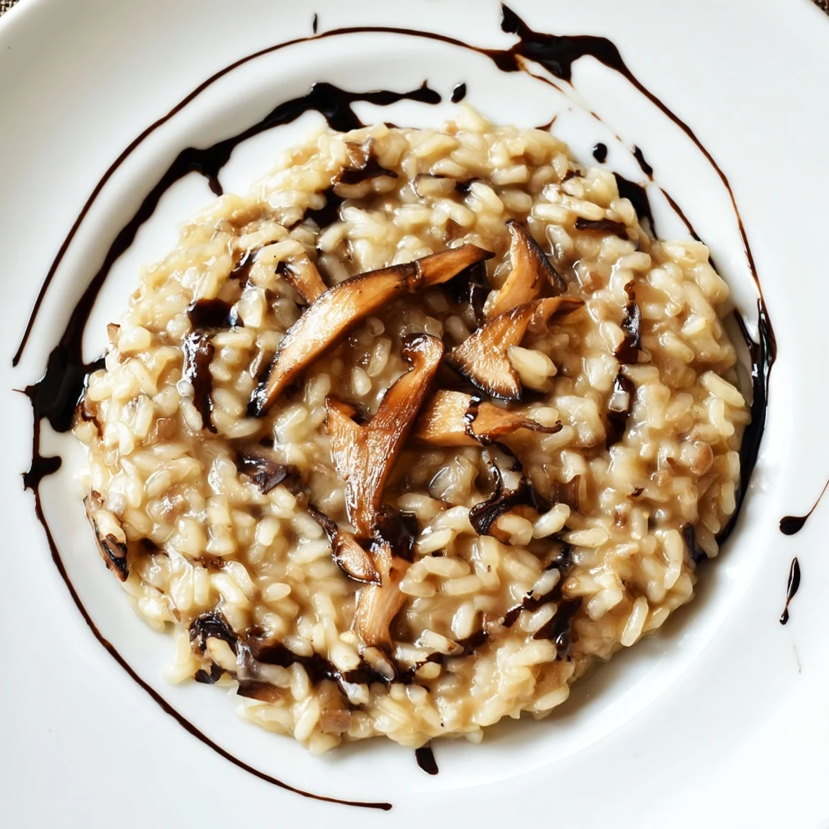 Close-up of velvety Creamy Mushroom Risotto with Truffle Oil, highlighting the glossy, cheesy texture and finely chopped parsley garnish.