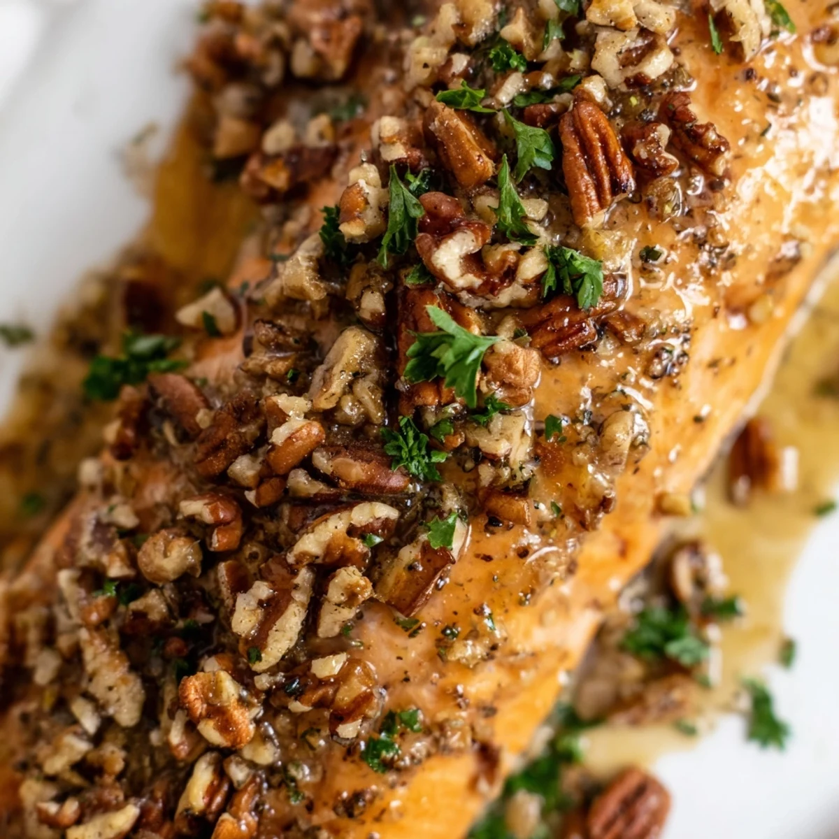 Golden-brown baked salmon fillets glistening with a sweet maple glaze, topped with crunchy toasted pecans on a baking sheet.  