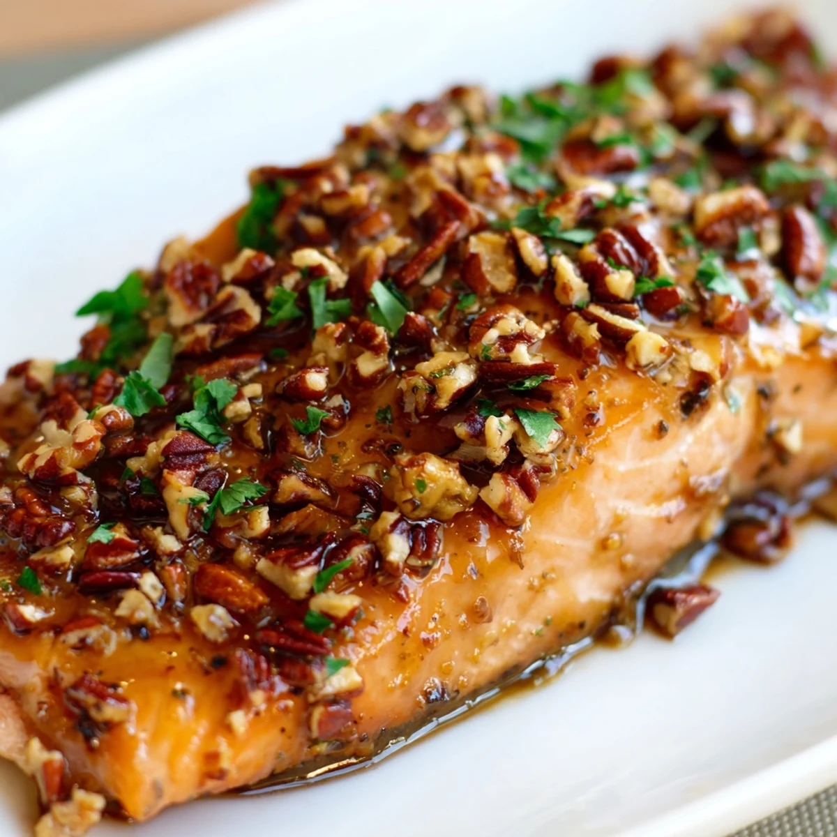 Succulent oven-baked salmon fillet coated in a glossy maple glaze, sprinkled with chopped pecans and served with roasted vegetables.