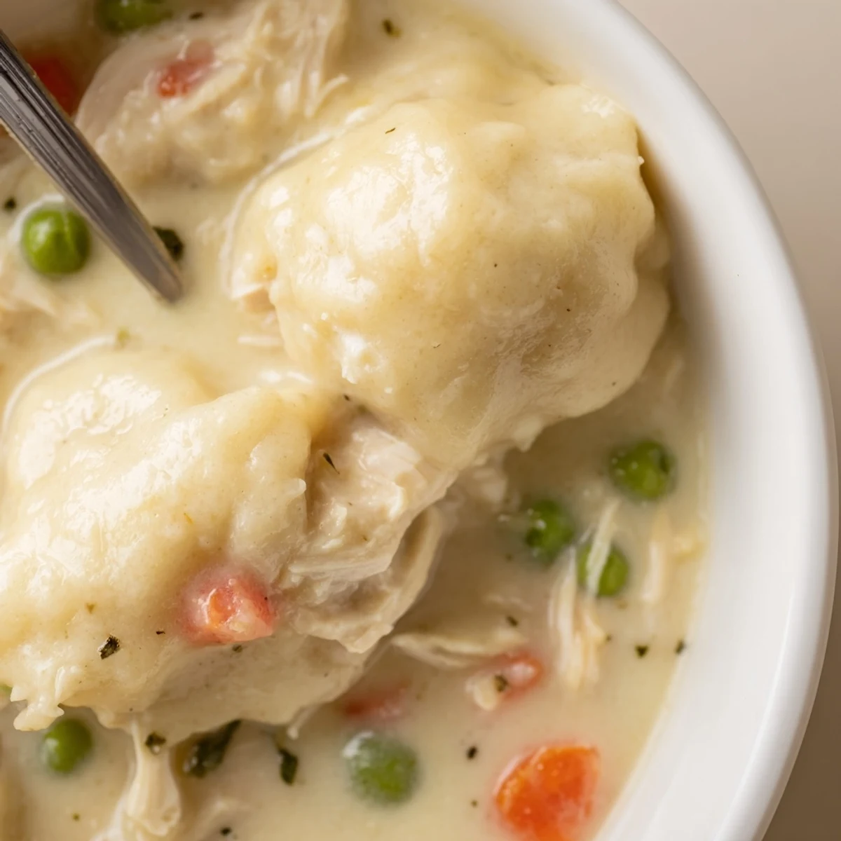 Serving suggestion of slow cooker chicken and dumplings garnished with parsley in a rustic white bowl.