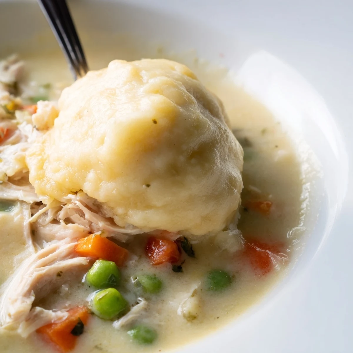 Slow cooker chicken and dumplings with tender shredded chicken, carrots, peas, and fluffy dumplings in a creamy broth.
