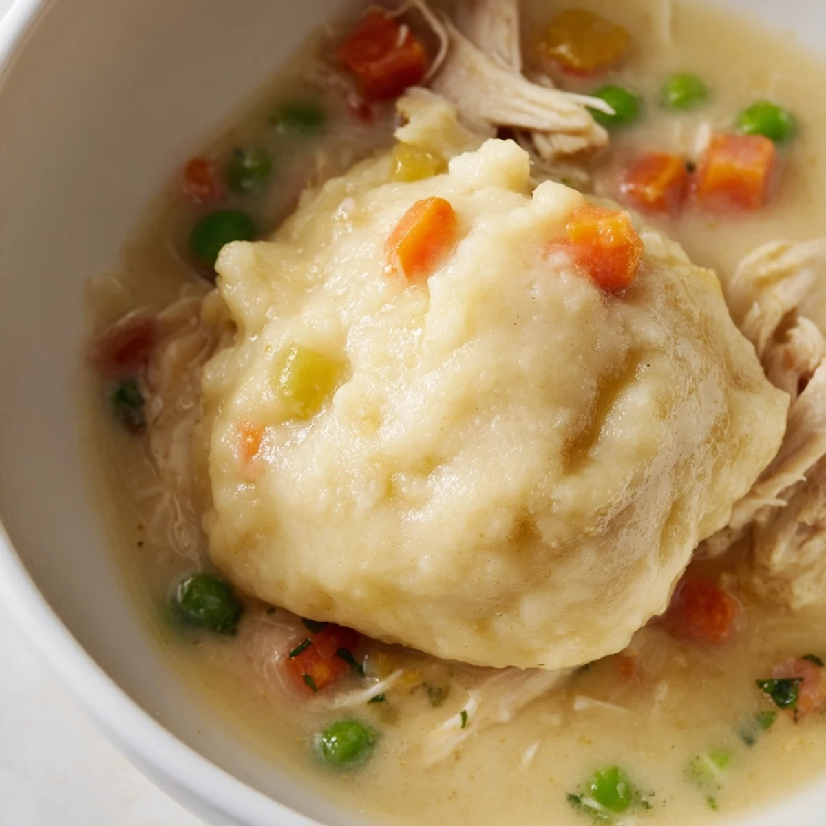 U.S. slow cooker chicken and dumplings recipe with fluffy dumplings simmering atop creamy chicken stew.
