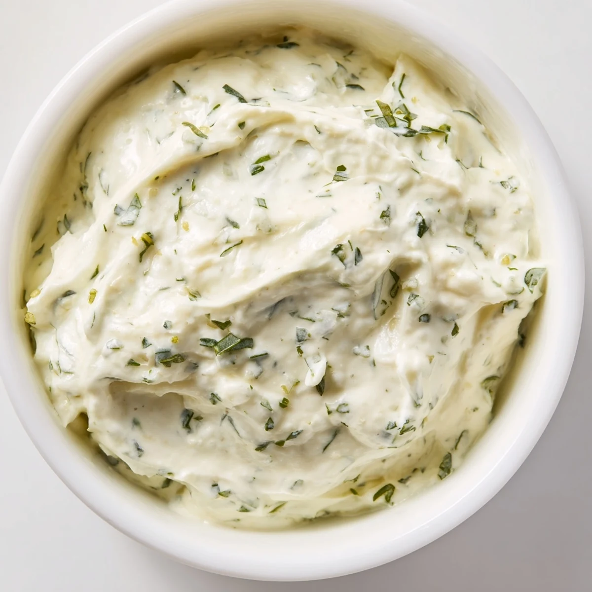 A close-up of creamy herb salad dressing in a glass jar, garnished with minced garlic and fresh basil for a tangy aroma.  