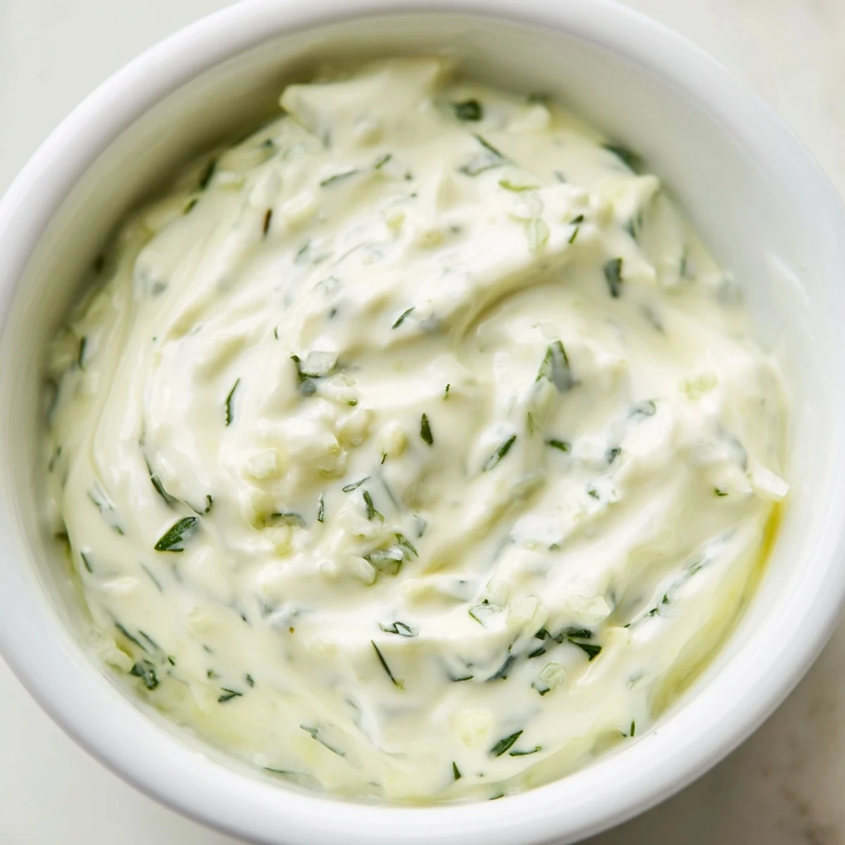 Homemade creamy herb salad dressing being whisked in a bowl, showcasing its velvety texture and bright flecks of green herbs.