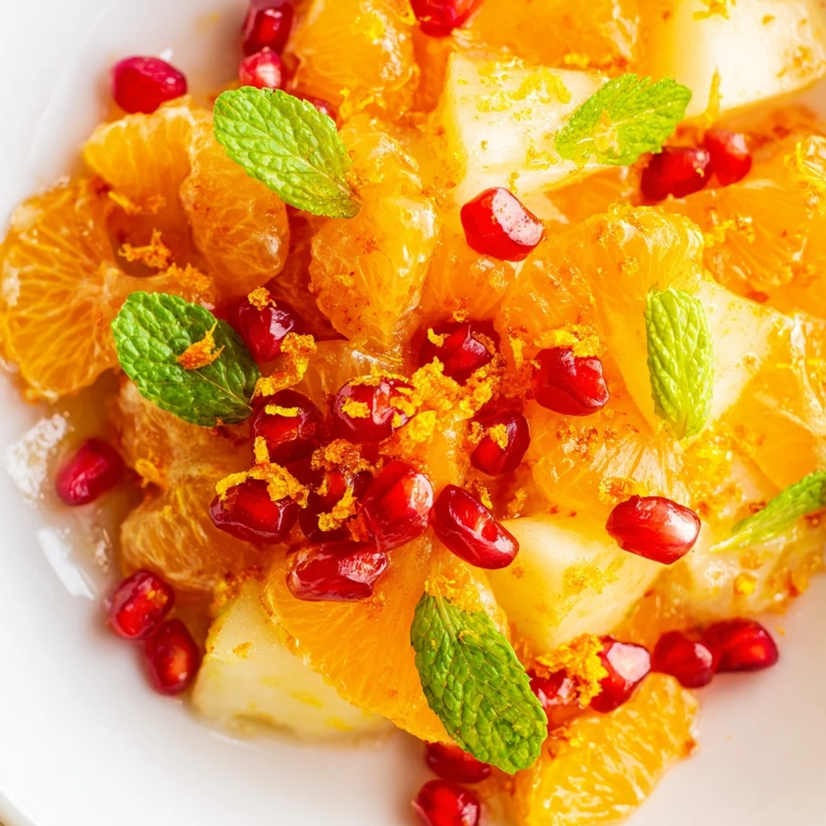 Served in a clear glass bowl, this Winter Fruit Salad with Citrus offers a refreshing medley of winter fruits, garnished with fresh mint leaves and fragrant orange zest.