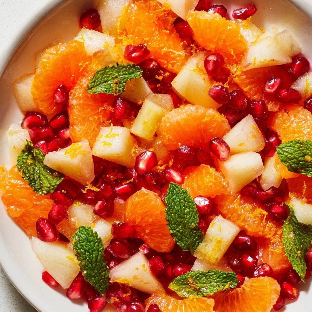 Freshly made Winter Fruit Salad with Citrus, featuring a colorful mix of segmented oranges, clementines, red grapes, and diced pear, all tossed with a bright citrus dressing.