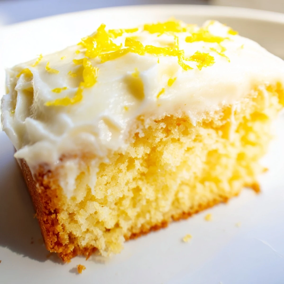 Freshly baked Lemon Cake Slice topped with tangy cream cheese frosting and delicate lemon zest curls.  