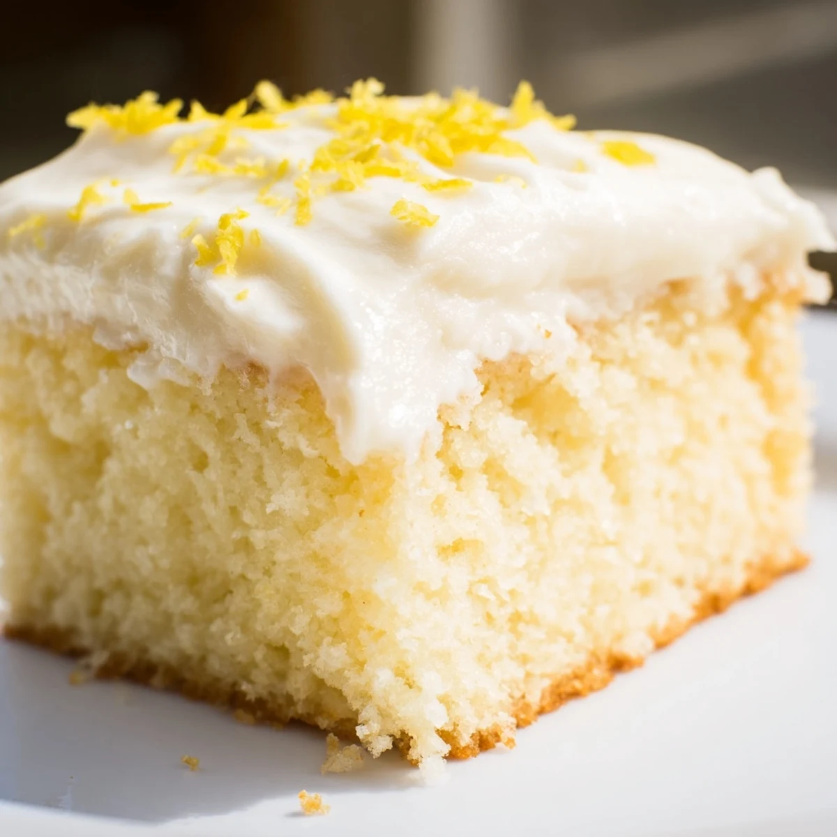 Golden-brown Lemon Cake Slice with Frosting, served on a vintage plate for teatime or dessert.