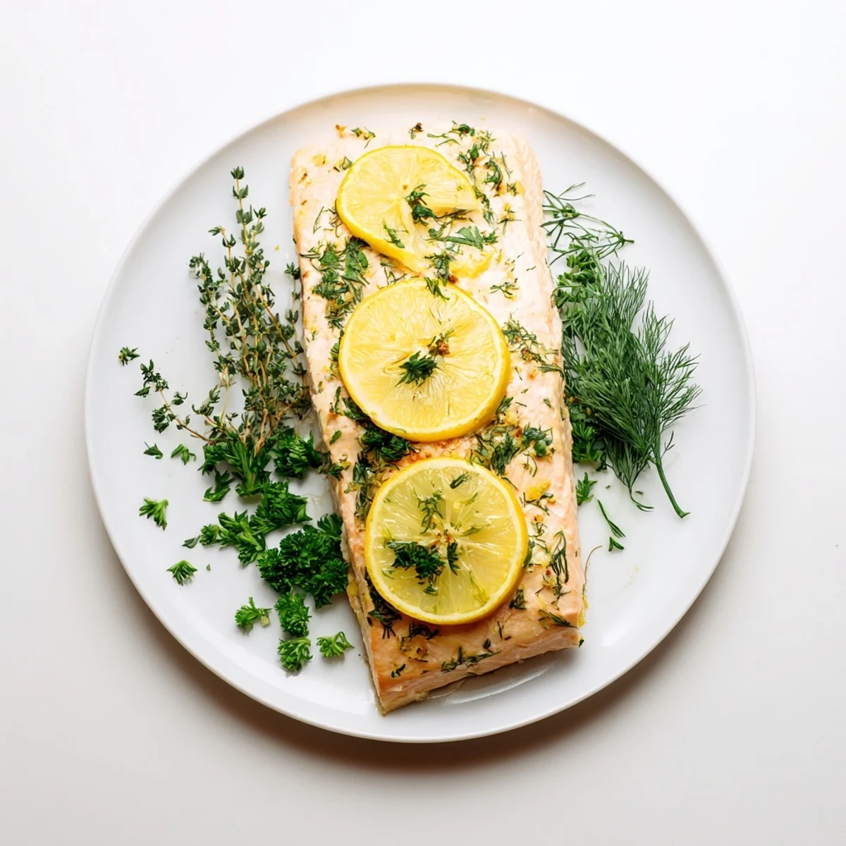 Golden-brown baked salmon with lemon and herbs beside roasted vegetables for a healthy dinner plate.