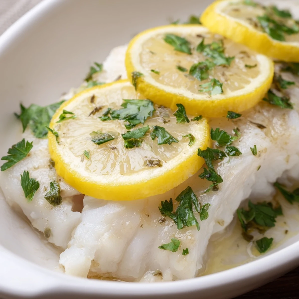 Savory herb-crusted baked fish fillet flaking tenderly under a fork, garnished with fresh parsley and bright lemon slices.