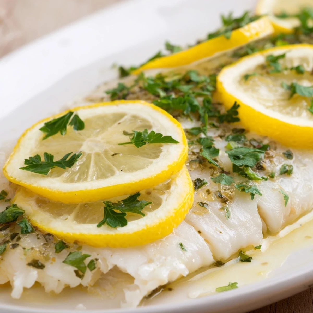 Healthy gluten-free baked fish fillet with herbs and lemon, served alongside colorful roasted vegetables and a light salad.
