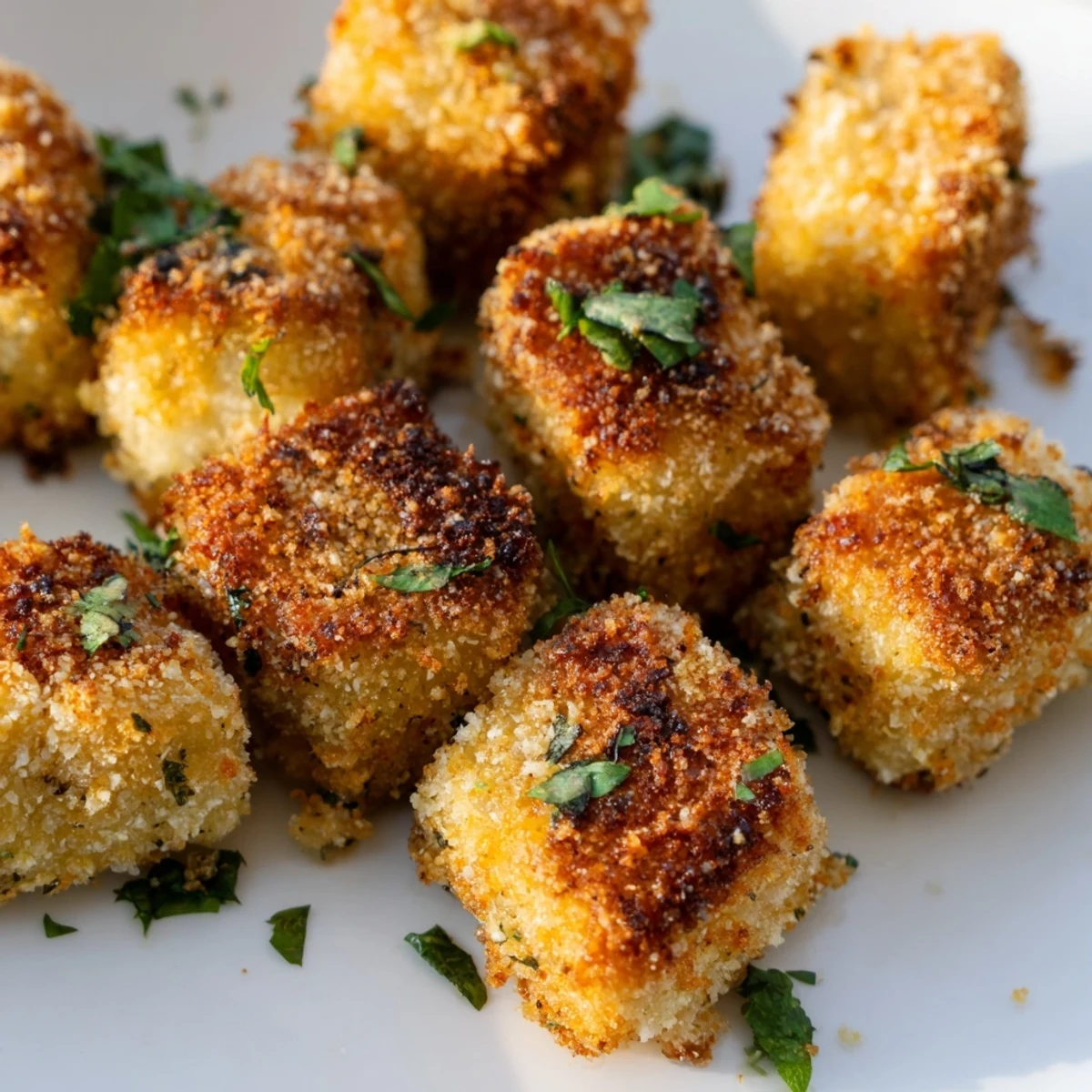 Spicy baked Chicken Treat Bites garnished with parsley, ready to be dipped into a creamy ranch sauce.