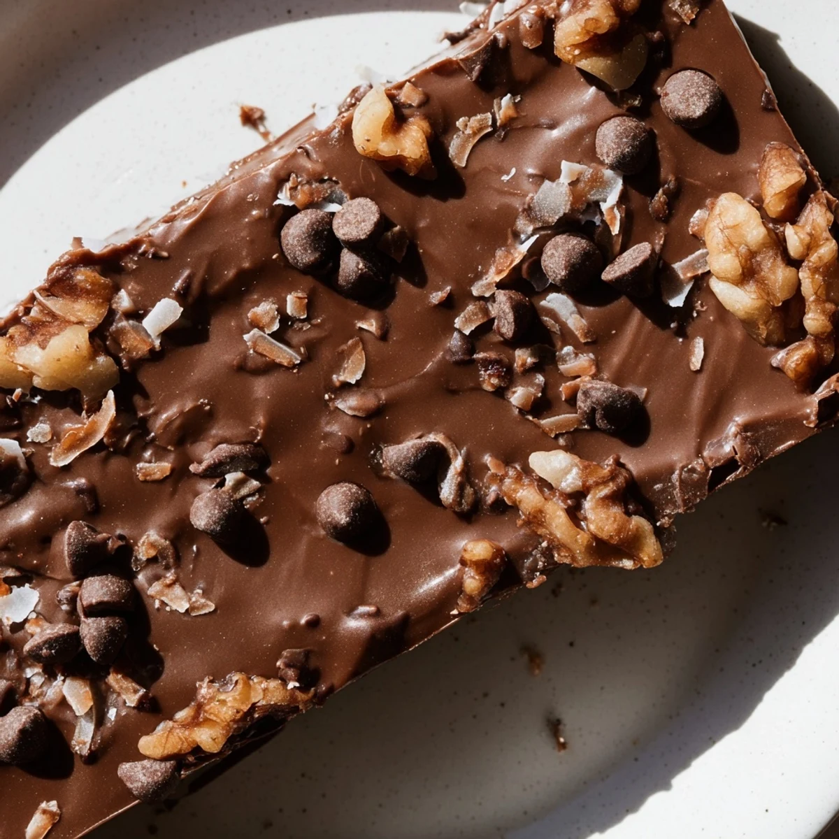 Golden-brown Chocolate Treat Bar Sweet squares stacked on a white plate, showcasing a chewy texture and glossy chocolate topping with shredded coconut.