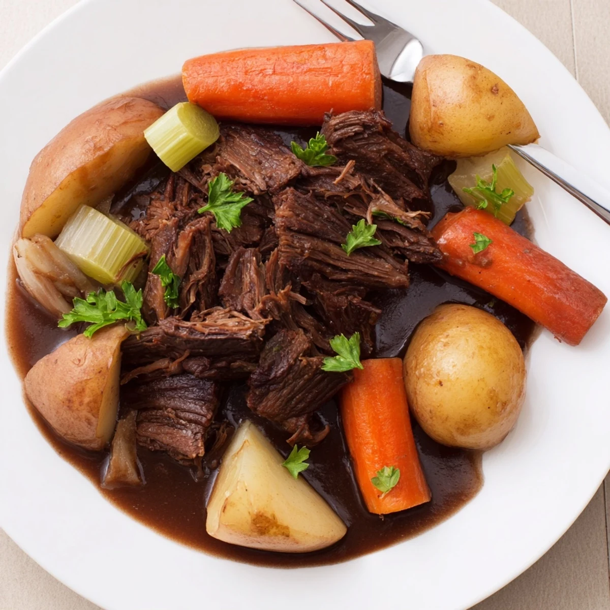 Gluten-free Slow Cooker Pot Roast served steaming with tender vegetables, fresh parsley, and juices in a slow cooker.