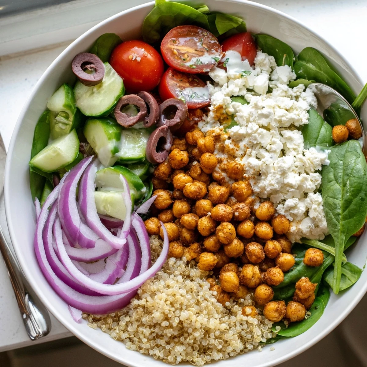 A vibrant Mediterranean Meal Bowl with fluffy quinoa, roasted chickpeas, and feta.