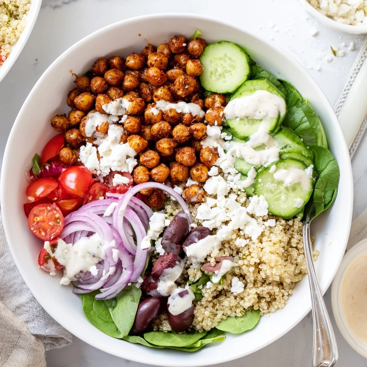 A close-up of a Mediterranean Meal Bowl with roasted chickpeas and fresh greens.