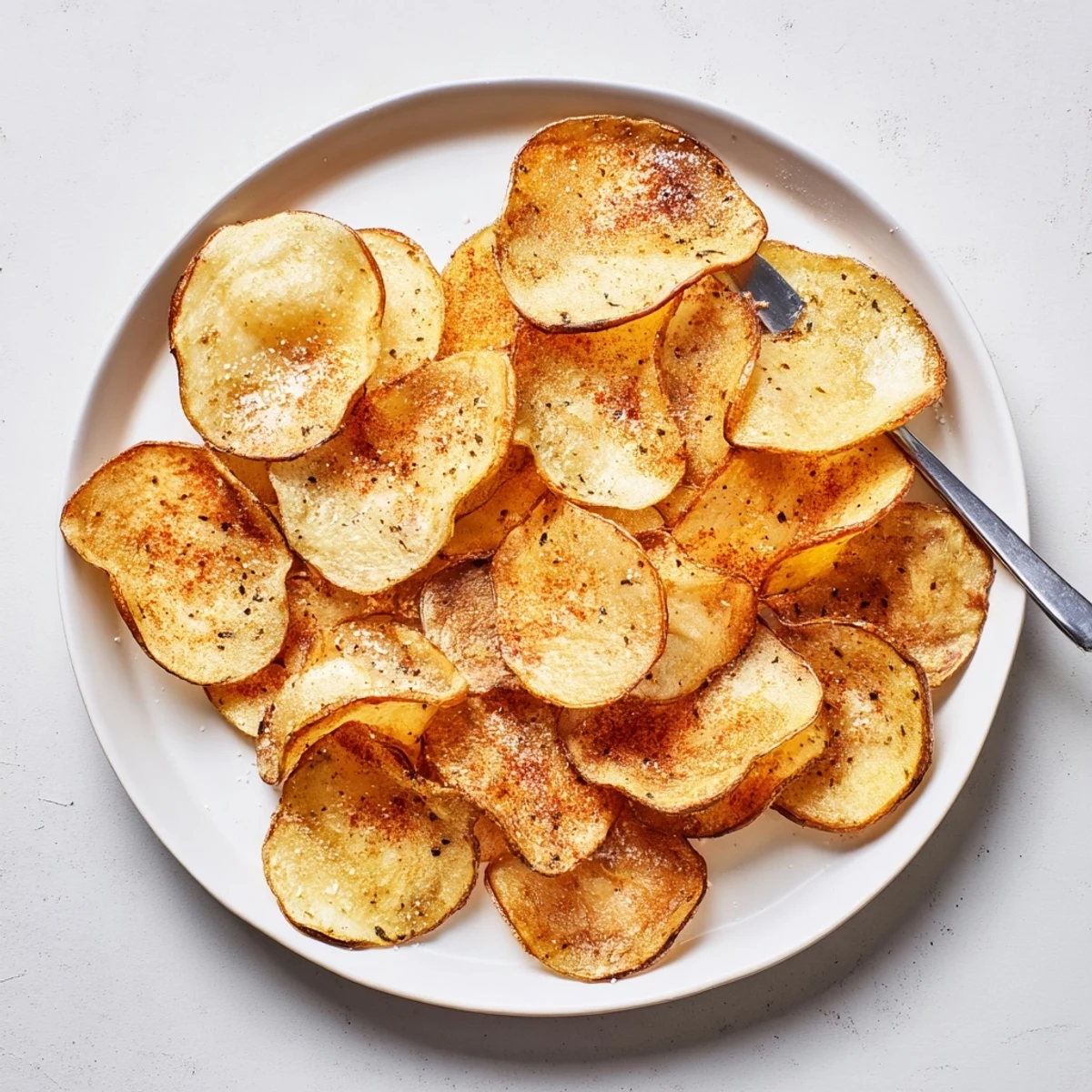 A close-up of golden-brown Crispy Salty Treat Chips arranged in a rustic pile, showcasing their crunchy texture and lightly seasoned surface.  