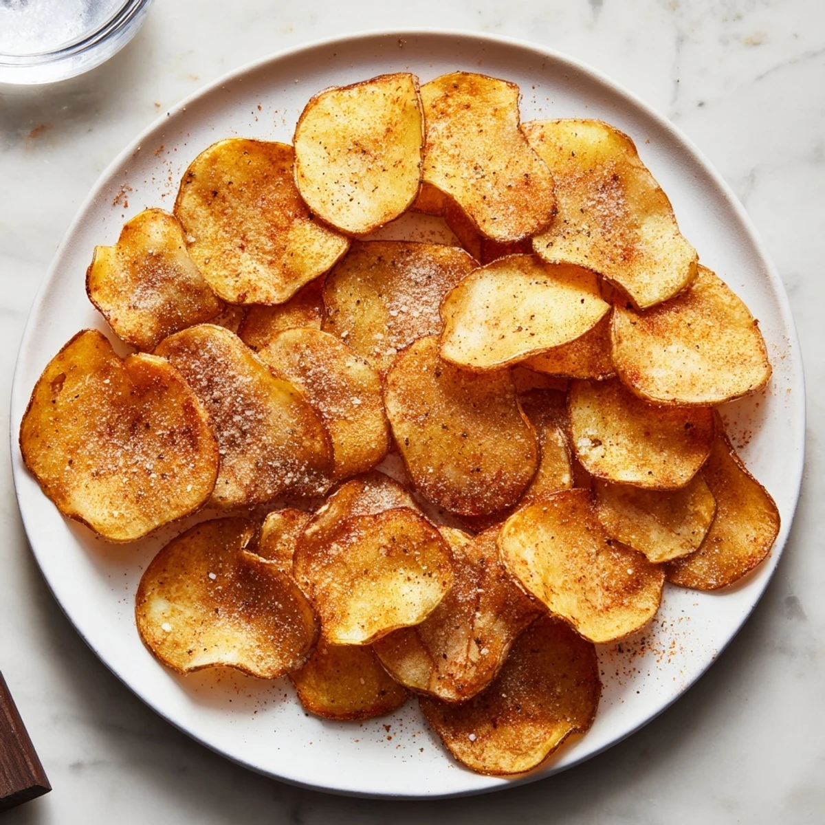 A white ceramic bowl filled with Crispy Salty Treat Chips, served alongside a small bowl of creamy avocado dip for a colorful pairing.