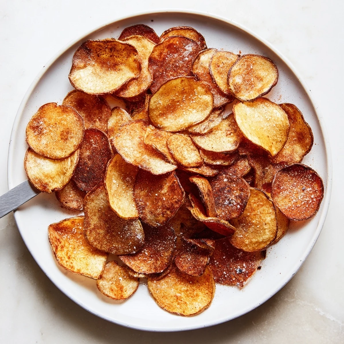 A hand holding one Crispy Salty Treat Chip, revealing its thin, golden baked edges and satisfyingly crisp surface for snacking.  