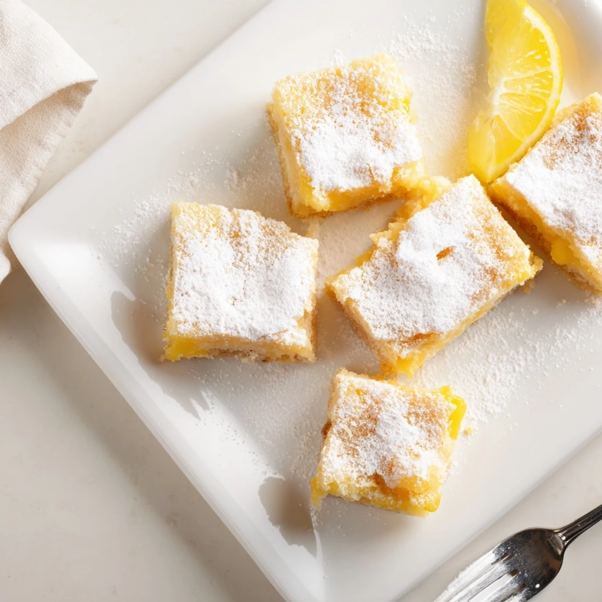 A close-up of Lemon Treat Bars showing the bright yellow filling and buttery shortbread crust, perfect for summer entertaining.