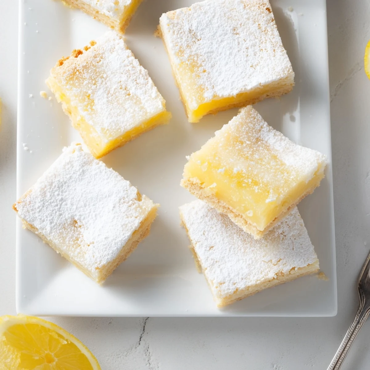 Golden Lemon Treat Bars with a powdered sugar dusting, sitting on a rustic wooden table next to a glass of iced tea.