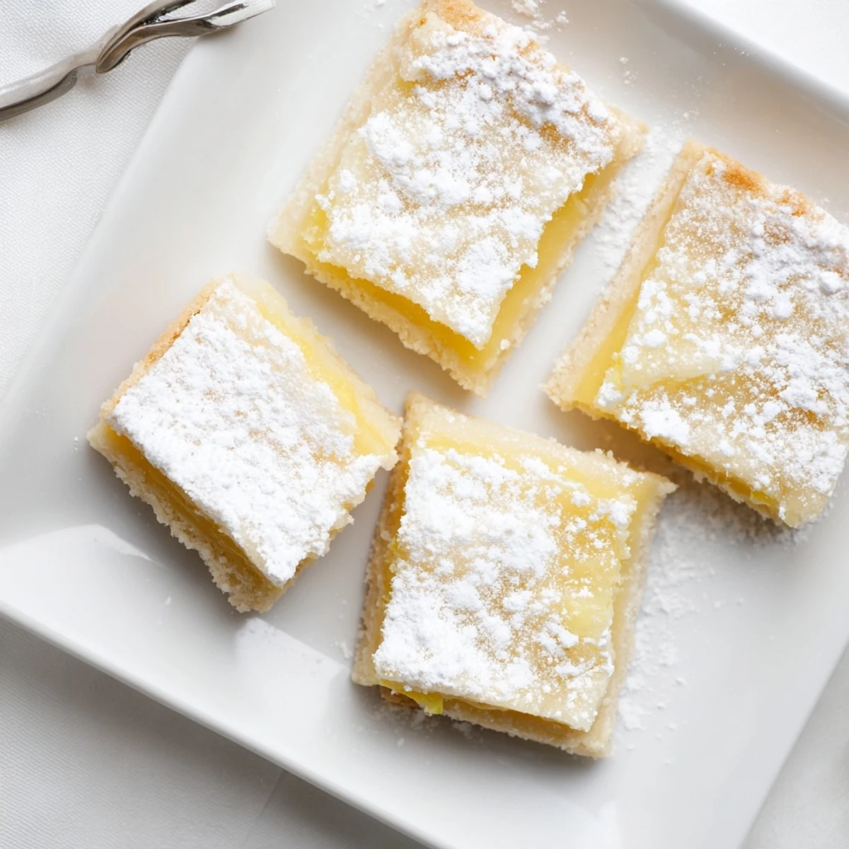 Freshly cut squares of Lemon Treat Bars arranged on a white plate, highlighting the zesty lemon filling and sweet dusting.