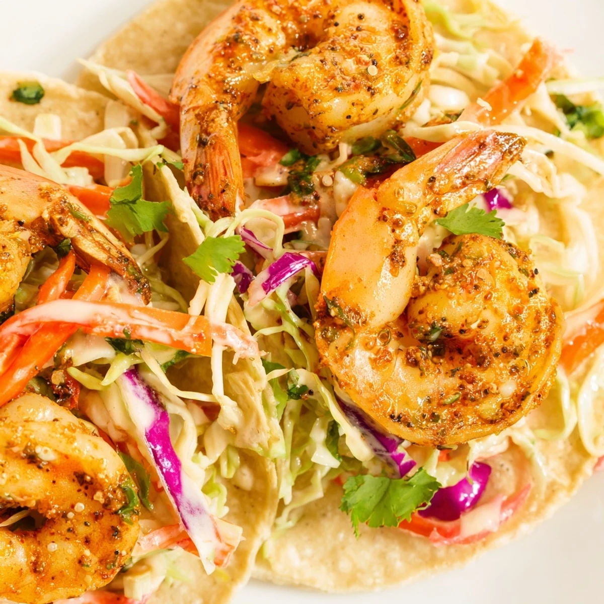 Golden-brown Cajun shrimp tacos with slaw, topped with fresh cilantro and lime wedges on a rustic board.  