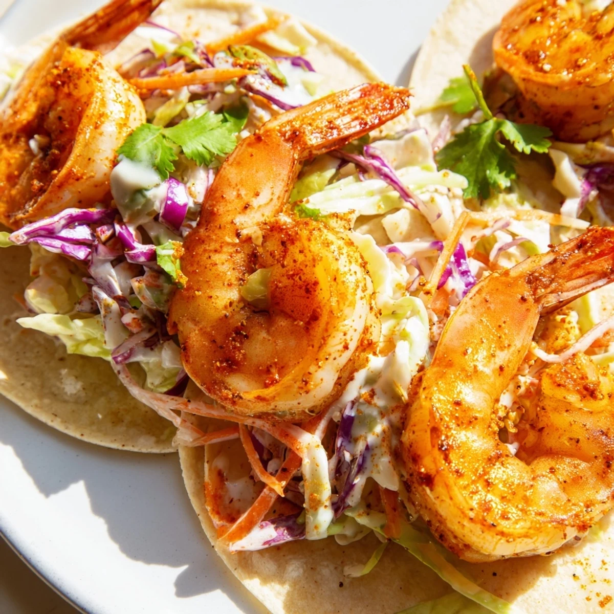 A close-up of Cajun shrimp tacos filled with crisp slaw and fresh cilantro, ready to serve.  