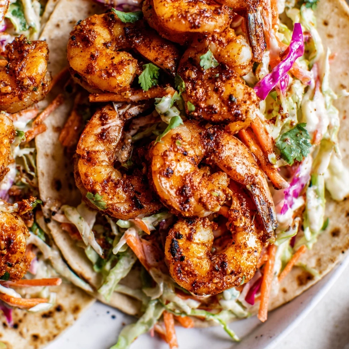 Spicy Cajun shrimp tacos with creamy slaw in warm tortillas, garnished with cilantro and lime.