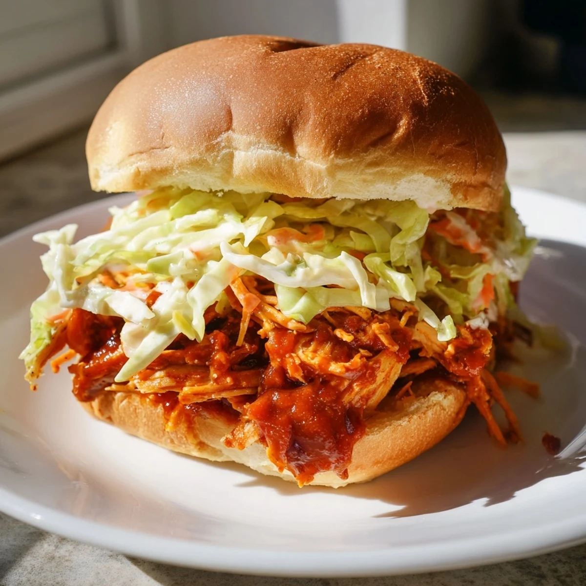 Golden MVP Pulled Chicken Sandwiches with zesty barbecue sauce and creamy slaw on a toasted bun.