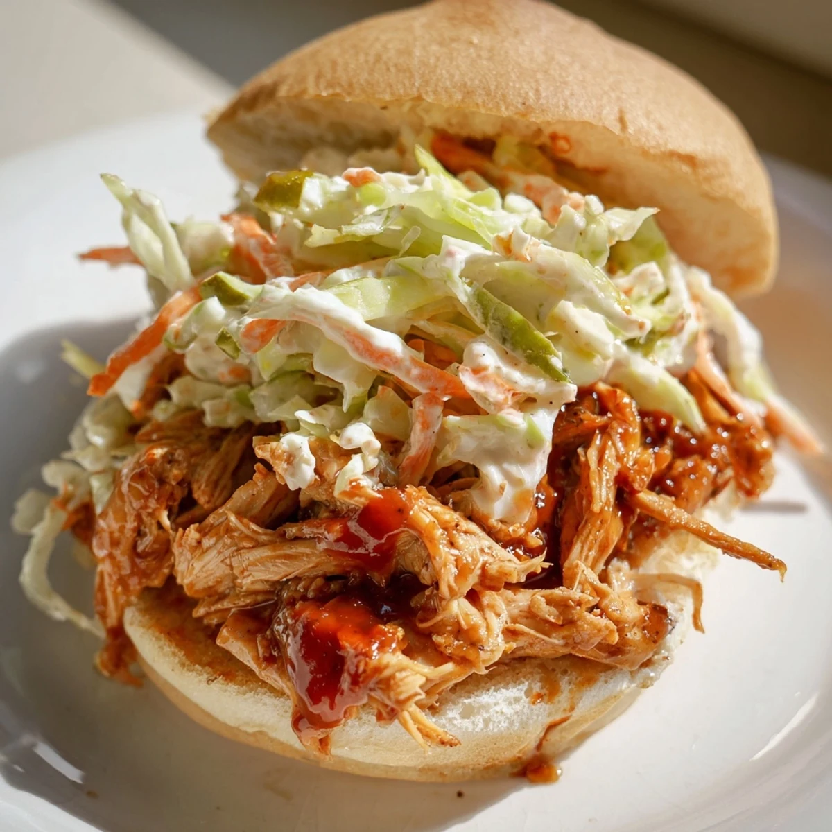 Tender shredded chicken piled high on soft rolls, served as a hearty game day main dish.